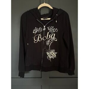 BCBG Max Azria Peacock Hoodie XL Y2K Graphic Rhinestone Zip Jacket Bratz Artsy